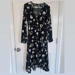 Missguided L/S Black Floral Long Ruffled Dress Size 4